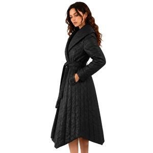 Elegant Black Belted Quilted Long <strong>Coat</strong> for Women, Big Notched Lapel Slim Waist Formal Commute Padded Overcoat - Product Image 2
