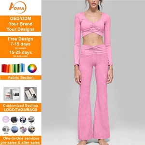 Ensemble de yoga Aoyema : pantalon ample plissé à jambe large, anti-transpiration, très élastique, et haut de sport à manches longues - Product Image 1