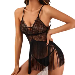 Siyah şeffaf Chemise gecelikler Lingerie toptan artı boyutu baharatlı olgun kadınlar hamile konu püskül Fringe Babydoll S-XXL