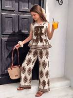 Ensemble deux pièces d'été pour filles, haut style licou à bordure feuillagée et pantalon large, tenue décontractée pour grandes filles, style floral et uni