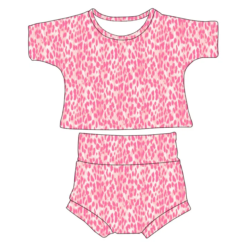 New Pink Leopard Printed Baby Girls Clothes Cute Tops 2 Pcs Bummies Sets Short Sleeve Children Clothes Kids Outfits