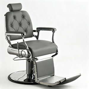 เก้าอี้ตัดผมชายสไตล์วินเทจย้อนยุคสีดำเทาหนังสังเคราะห์ปรับเอนได้ - Product Image 4