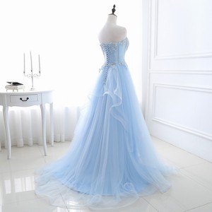 Light Blue Strapless Ball Gown Empire Waist Floral Print Evening Dress For Graduation Party Performance - Product Image 3