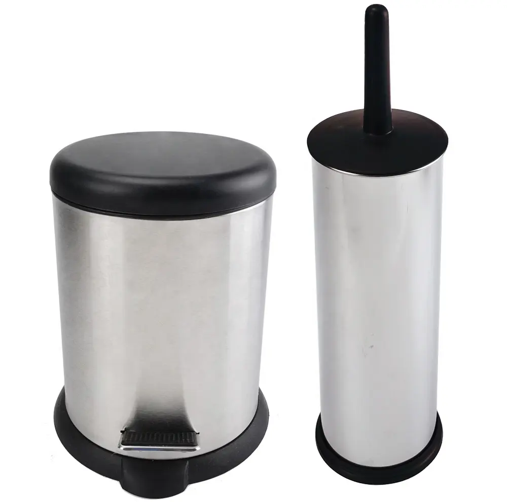 Household Cleaning Brush and Pedal Bin Set Stainless Steel Toilet Brush Holder Step Bin Set with Plastic Lid and Handle