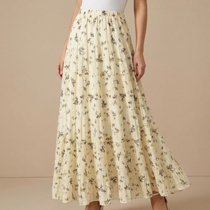 Pale Yellow Printed Maxi <b>Skirt</b> | Woven A-Line Summer <b>Skirt</b>, <b>Boho</b> Style Floral <b>Skirt</b> - Product Image 1