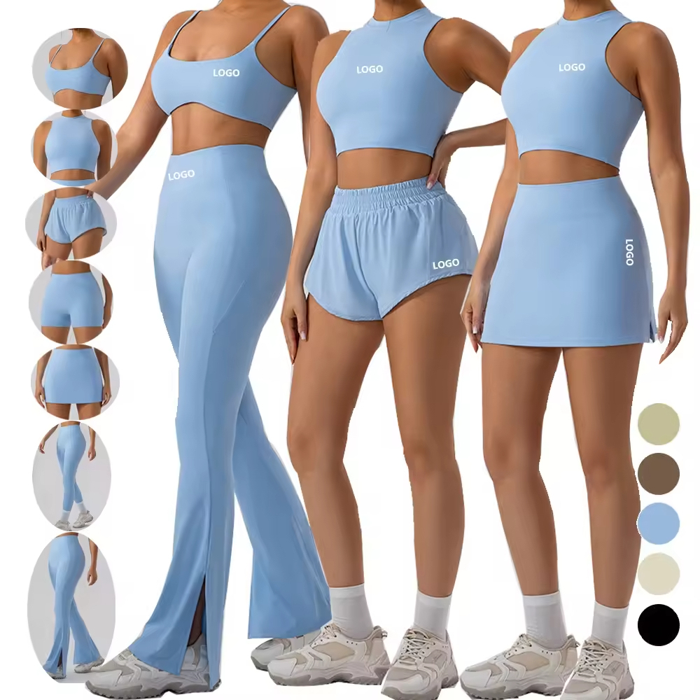Women's Breathable Active Wear Sports Bra Vest Tennis/Golf Skirt Yoga Leggings Flare Pants Biker Shorts 7-Piece Fitness Gym Set