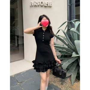 Black Polo Collar Short Sleeve Dress Women Summer 2025 Preppy Slim Fit Cake Skirt Solid Color Daily Wear - Product Image 4