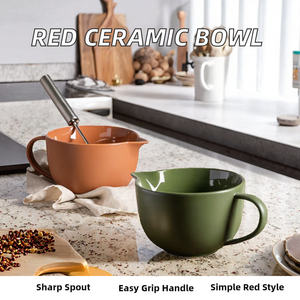 Eco-Friendly Polished Red Porcelain Sharp-mouthed <b>Egg</b>-beating Baking Bowl with Handle for Party Use - Product Image 2