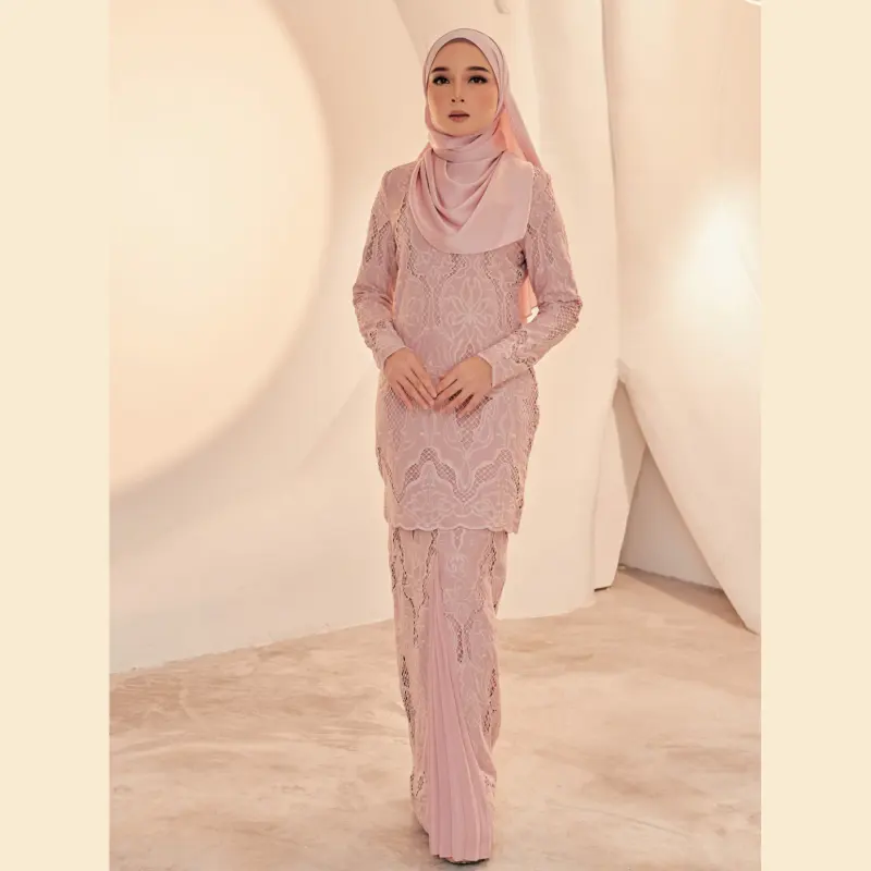 SIPO EID nueva moda modesta buena calidad falda Rosa blusa rayón funcional botón puño gota hombro Baju Kurung Malasia
