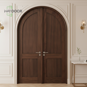 Puerta Exterior de Madera Curvada de Estilo Francés con Líneas Decorativas, Acabado <span class=keywords><strong>en</strong></span> <span class=keywords><strong>Caoba</strong></span> y Roble, Puerta Principal de Madera Maciza Doble con Arco Redondo - Product Image 4