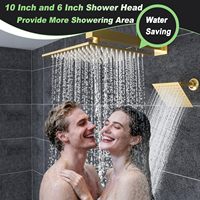 Système de douche thermostatique 4 poignées en laiton doré brossé, avec pommeau de douche pluie carré mural de 10 pouces, kit combiné pour installation encastrée de 6 pouces et douchette à main