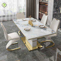 Luxus Sinter stein Rechteck Esstisch Set 4 Stühle Modern Gold Edelstahl Restaurant Esszimmer möbel