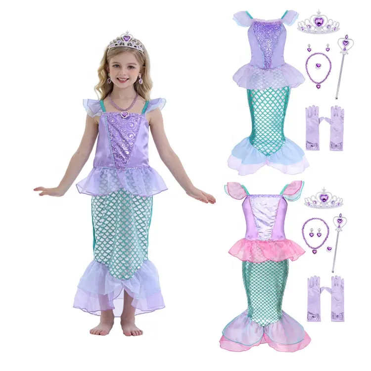 Fancy Halloween Party Dresses Little Mermaid Style Baby Girl Ariel Princess Dresses Kids Dress Cosplay Costume Clothing