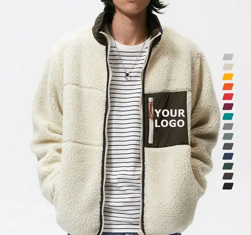 OEM Winter Warm Shaggy Wool Lamb Custom Logo Mens Sherpa Zip Up Fleece Jacket