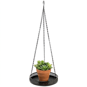 Plateau suspendu surélevé pour plantes avec longue chaîne et bordure décorative en métal, support de pot de fleurs en fer noir pour balcon, patio, intérieur - Product Image 1