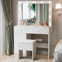 Ensemble de coiffeuse de maquillage blanche avec 3 modes de lumière de couleur Tiroirs de prise de courant Armoire de rangement et chaise pour chambre à coucher