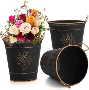Cubos de Metal con recubrimiento de polvo negro, macetas decorativas apilables con sombra dorada, macetas de diseño redondo para viveros de jardinería domésticos - Product Image 1