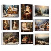 Lot de 10 tableaux muraux vintage de Noël : paysages d'hiver avec Père Noël, bonhomme de neige et cône de pin – Impressions sur toile encadrées pour décoration de maison de fêtes