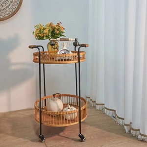 Table d'appoint en osier avec roulettes, ronde, couleur naturelle, structure en fer, utilisation intérieure/extérieure, étagère de rangement portable - Product Image 2