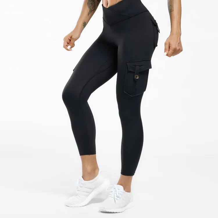 Nieuwste Ontwerp Hoge Taille Crossover Taille Custom Cargo Gym Legging Zakken Vrouwen Yoga Legging