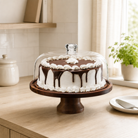 Plateau à gâteau surélevé en bois foncé avec cloche en verre transparent de 22 cm de hauteur pour la présentation de cupcakes, de collations et de biscuits