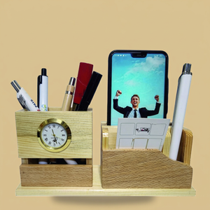Organizador de escritorio de madera con reloj, soporte para teléfono y portalápices, regalo de oficina multifunción, estilo sencillo - Product Image 1
