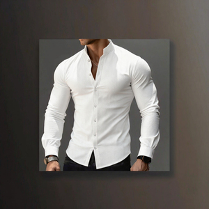 <b>White</b> Stand Collar <b>Men's</b> <b>Long</b> <b>Sleeve</b> Button Up Casual <b>Shirt</b> Beaded Woven Muscle Fit for Autumn - Product Image 2