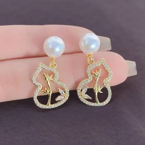 WENCHI 10845 22507DIY <b>Pearl</b> Accessory S925 <b>Silver</b> Ear Nail Empty Holder Fashionable Gourd Design 6-9mm Beads Crystal <b>Earrings</b> - Product Image 4