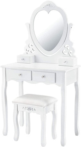 Coiffeuse avec miroir, tabouret et 4 tiroirs, style campagnard blanc, en MDF, pour filles et enfants - Product Image 2