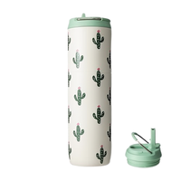 Bouteille d'eau isotherme en acier inoxydable 24 oz avec poignée, double paroi sous vide, sans BPA (motif Cactus) pour adultes, sport et voyage