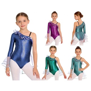 Maillot de Gimnasia Metálico con Escamas de Sirena para Niñas, Asimétrico de Una Manga, con Volantes de Malla, Peplum y Ribete Brillante, Personalizado para Competición - Product Image 1