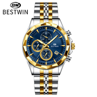 Montre chronographe BESTWIN pour homme, 3 aiguilles, quartz, bracelet en acier inoxydable bicolore, affichage de la date, étanche 3 ATM, montre de ville pour affaires
