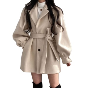 Manteau décontracté pour femme automne-hiver, style coréen, col tailleur, manches bouffantes, couleur unie, boutonné, coupe ajustée et ample, avec ceinture - Product Image 1