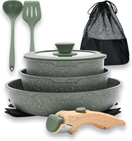 Ensemble de cuisine portable et écologique pour le camping, casseroles, poêle, couvercle en verre et silicone, logo personnalisé, fond à induction, compatible lave-vaisselle