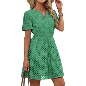 Abito da donna verde con occhielli in pizzo, linea ad A, scollo a V, manica corta, vita elastica, abbigliamento casual estivo - Product Image 1