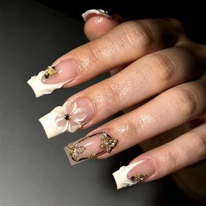 Uñas Postizas Modernas con Diseño Floral 3D y Líneas Doradas de Mariposa, 24 Piezas, Uñas Francesas con Punta en Forma de Bailarina, Uñas Postizas para Regalo, Arte de Uñas - Product Image 1