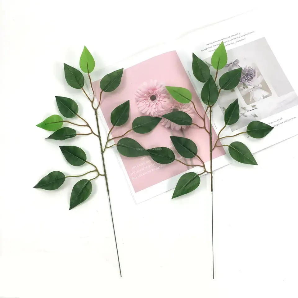 TCF planta de decoración de alta calidad planta de boda de goma 12 hojas de árbol de baniano hoja artificial para decoración al aire libre Popular