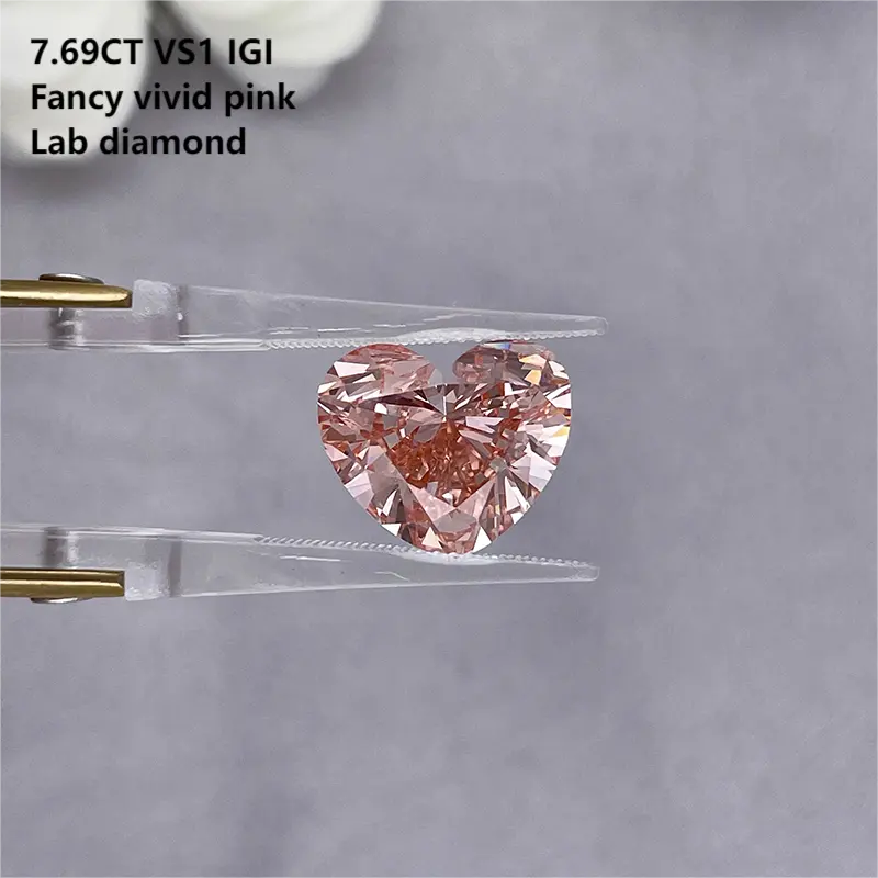7.69CT fantezi canlı pembe IGI sertifikalı Lab yetiştirilen CVD HPHT VS1 VVS lab yetiştirilen diamonds pembe kalp şekilli parlak kesim elmas