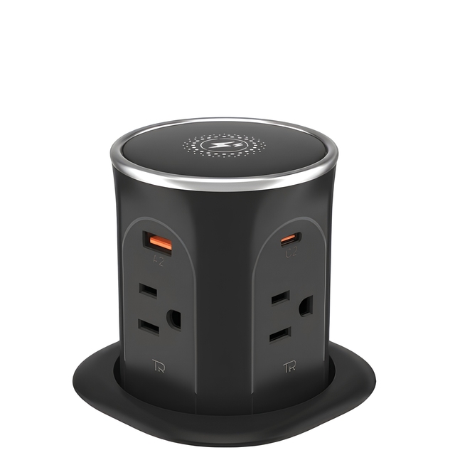 Industrial Aluminum Alloy PD Pop up Power Strip Tower with 4 Outlets 2 USB-A 2 USB-C Ports 15W Wireless Charger Electrical Plug