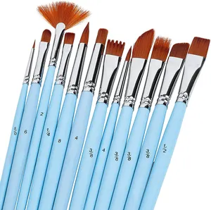 Bview Art 12Pcs Blue Handle Round Pointed Tip Nylon Hair Artist Paint Brushes Perfect For Acrylic Watercolor Oil