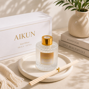 Aikun Luxury 150 Ml Ribbed Glass Bottle <b>Reed</b> <b>Diffuser</b> Set With Gold Cap Rattan Sticks Gift Box <b>For</b> Hotel Home Fragrance Supply - Product Image 1