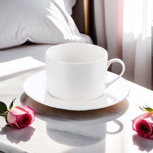 White Ceramic Coffee <b>Cup</b> <b>Set</b> With Saucer Heat Resistant For Afternoon Tea Hotel Use Solid Color Chaozhou Origin - Product Image 2