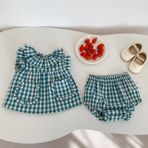 Completo Estivo a Quadri per <span class=keywords><strong>Bambini</strong></span>: Top con Maniche a Volant e Pantaloncini, Set di 2 Pezzi in Cotone - Product Image 4
