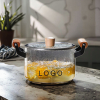 Marmite à soupe classique personnalisée en verre borosilicate transparent avec poignée en bois, compatible cuisinière à gaz, ustensile de cuisine résistant à la chaleur