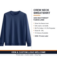 Sablon Logo Kustom Bordir Sweatshirt Crewneck Pria 420G Berlapis Fleece Tebal Pullover Musim Dingin OEM Label Pribadi