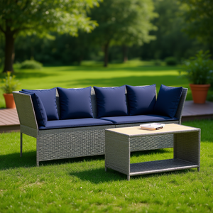 Gray Poly Rattan Patio <b>Sofa</b> <b>Set</b> With Cushions Outdoor Garden Furniture Contemporary Style - Product Image 2