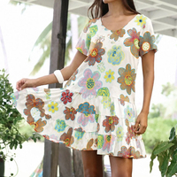 Robe courte d'été à fleurs, multi-couches, à manches courtes, style bohème, en lin, personnalisable