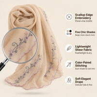 Hijab Nuosha OEM avec broderie florale et bord ondulé, élégant foulard long pour femmes musulmanes