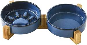 21oz Ceramic Dog <span class=keywords><strong>Bowl</strong></span> Set com suporte de madeira 2-em-1 antiderrapante Eco-Friendly <span class=keywords><strong>Pet</strong></span> Food Water <span class=keywords><strong>Bowl</strong></span> Matte Glaze Sem derramamento Cat Feeding Dish - Product Image 2