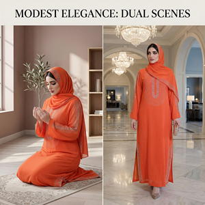 Coral Islamic Dress with Hijab Set for Festive Women Boutique Custom - Product Image 4